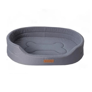 Gray pet bed with a bone design on a white background